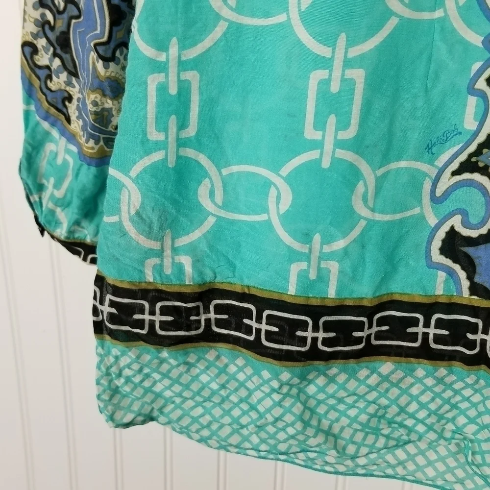 Hale Bob Cabana Silk Cotton Blend Long Sleeve Tunic Top Medium Blue Boho Print